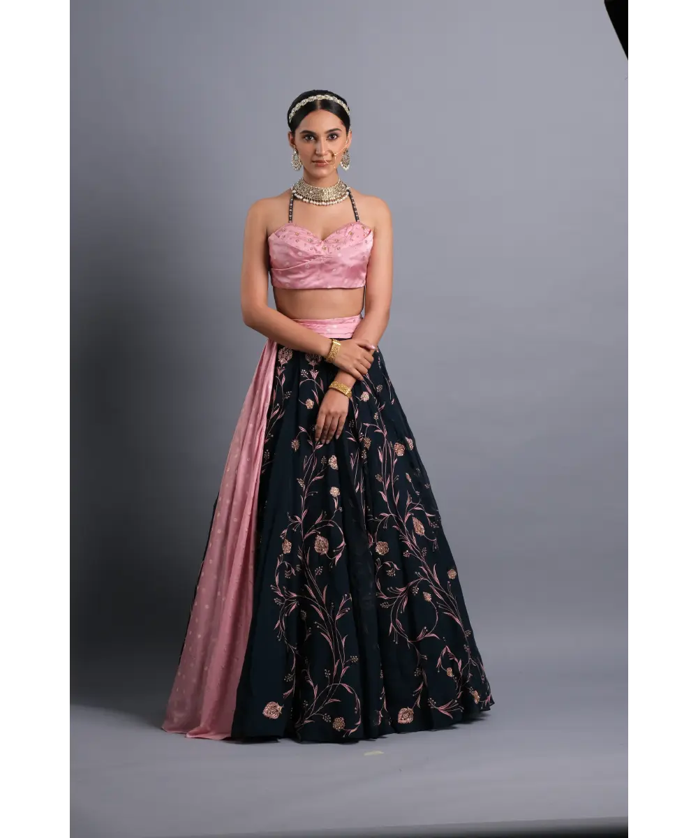 AASTHA SOOD - Midnight blue embroidered Organza Lehenga